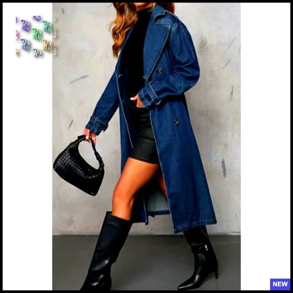 Vintage Double Breasted Denim Trench Coat Duster Blazer Jacket Belted